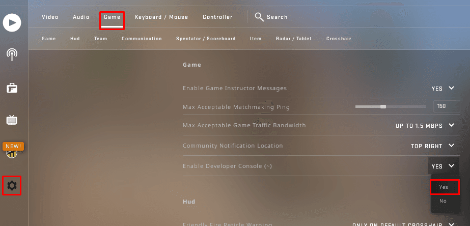 The game settings menu in CS:GO