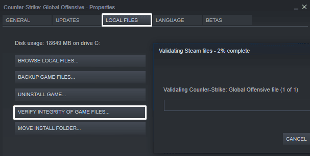 The Verify Integrity of Game Files button in the Local Files tab in CS:GO properties